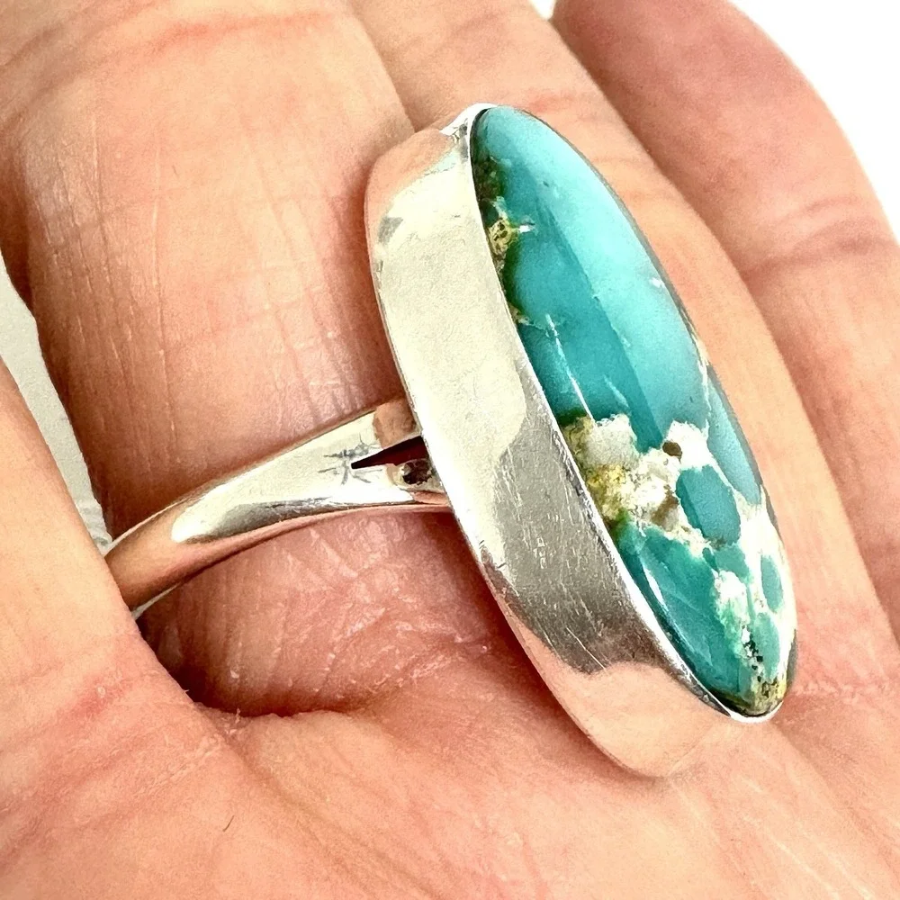 Navajo Sonoran Gold Turquoise Ring Sz 8.5 Signed Alan Lee Sterling Modern Native